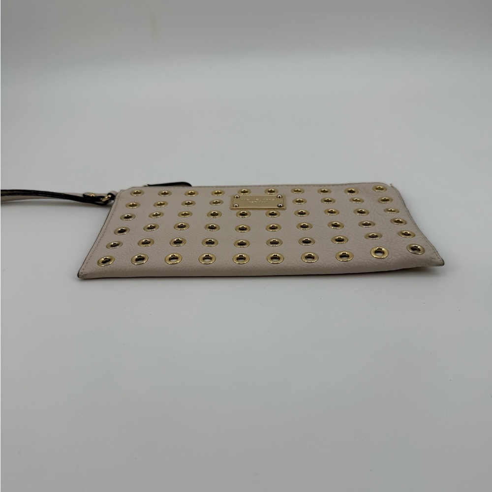 Michael Kors Studded Wristlet Clutch Beige Leather Gold Grommet Zip Pouch Wallet - Picture 5 of 16